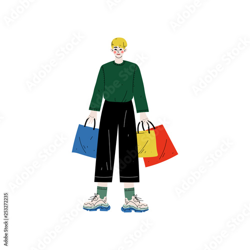 Young Man in Trendy Clothes Standing with Shopping Bags, Guy Purchasing at Store, Mall or Shop Vector Illustration