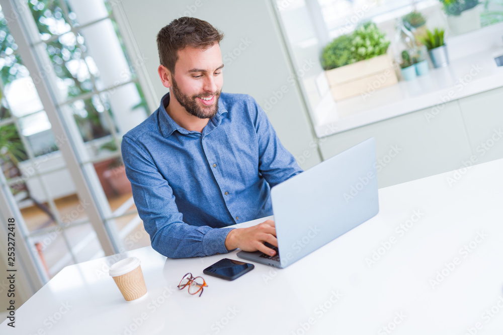 Handsome business man working using computer laptop and smiling Handsome business man working using computer laptop and smiling
