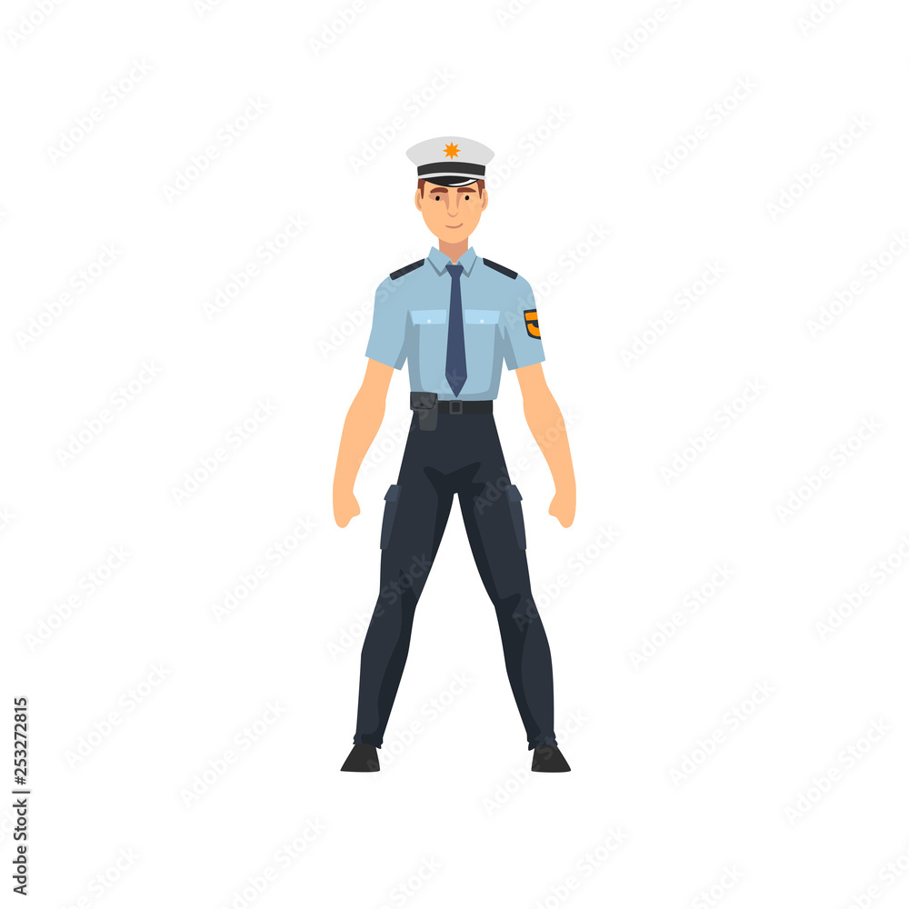 Police Officer in Blue Uniform and White Cap, Professional Policeman Character Vector Illustration