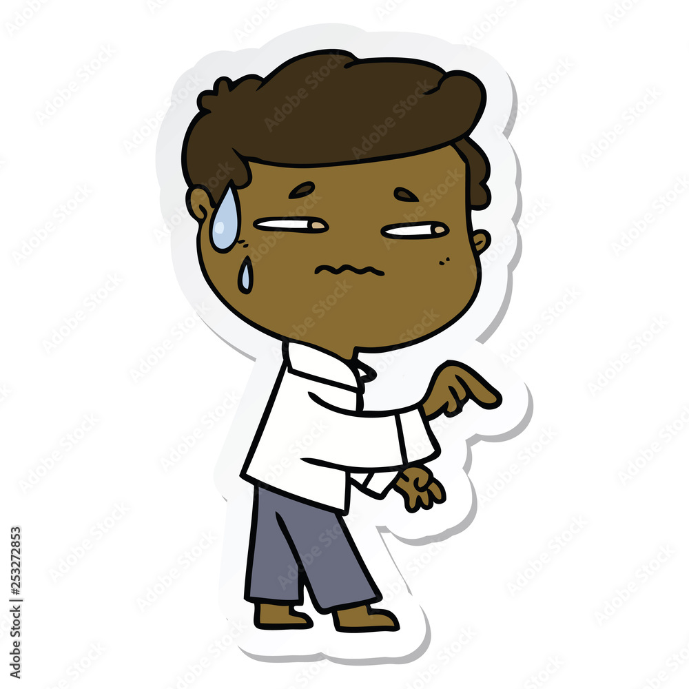 sticker of a cartoon anxious man pointing sticker of a cartoon anxious man pointing