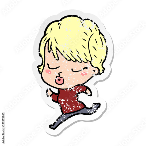 distressed sticker of a cartoon woman with eyes shut