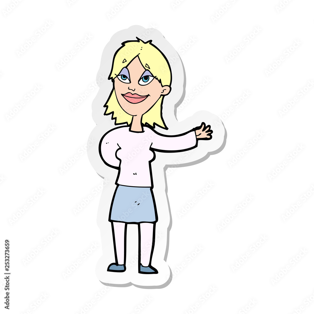 sticker of a cartoon woman gesturing to show something sticker of a cartoon woman gesturing to show something