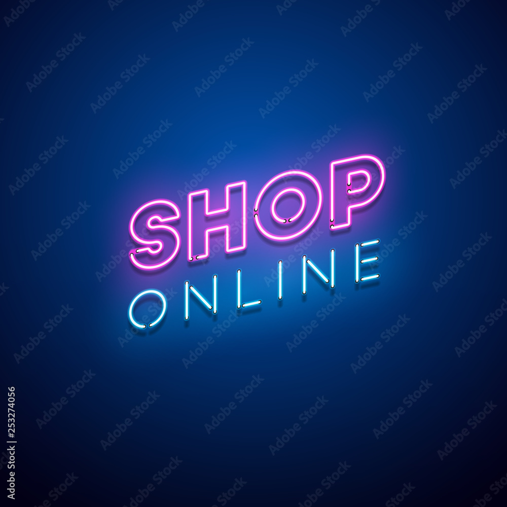 Shop online neon sign. Vector illustration.