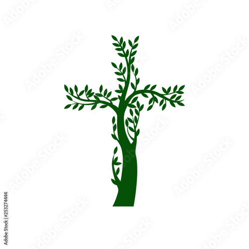 Concept of green christian cross in the form of tree on transparent background. Vector illustration.