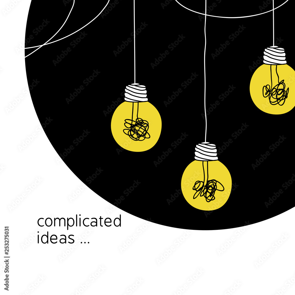 no creativity complicated idea concept illustration. simple line hanging light bulb with yellow background and tangled filament thread vector background design. no creativity complicated idea concept illustration. simple line hanging light bulb with yellow background and tangled filament thread vector background design.