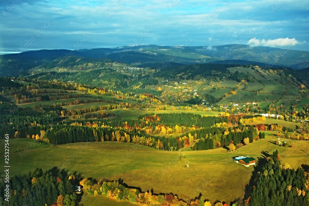Czech Republic-Autumn view of mountains and village Strazne