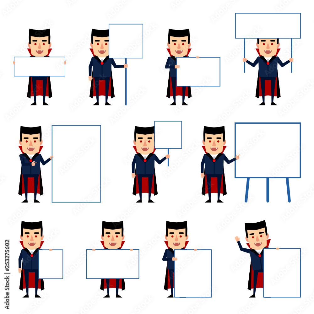 Set of vampire characters holding various blank signboards. Funny vampire holding banner, paper, placard, pointing to whiteboard. Flat vector illustration Set of vampire characters holding various blank signboards. Funny vampire holding banner, paper, placard, pointing to whiteboard. Flat vector illustration
