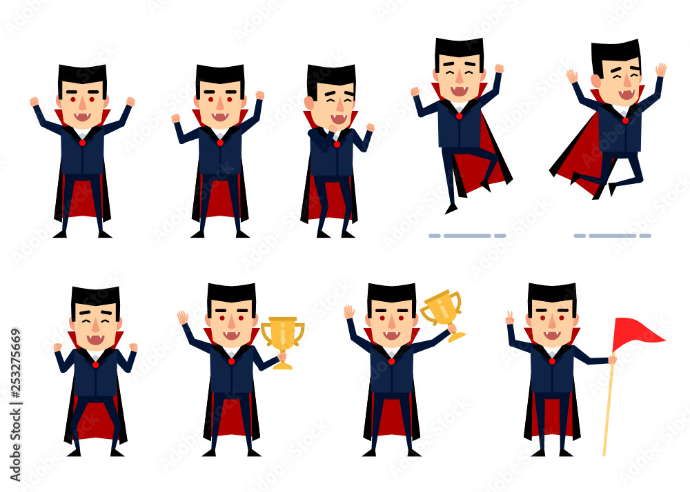 Set of halloween vampire characters showing various success poses. Funny vampire celebrating, holding golden cup, jumping and showing other actions. Flat style vector illustration