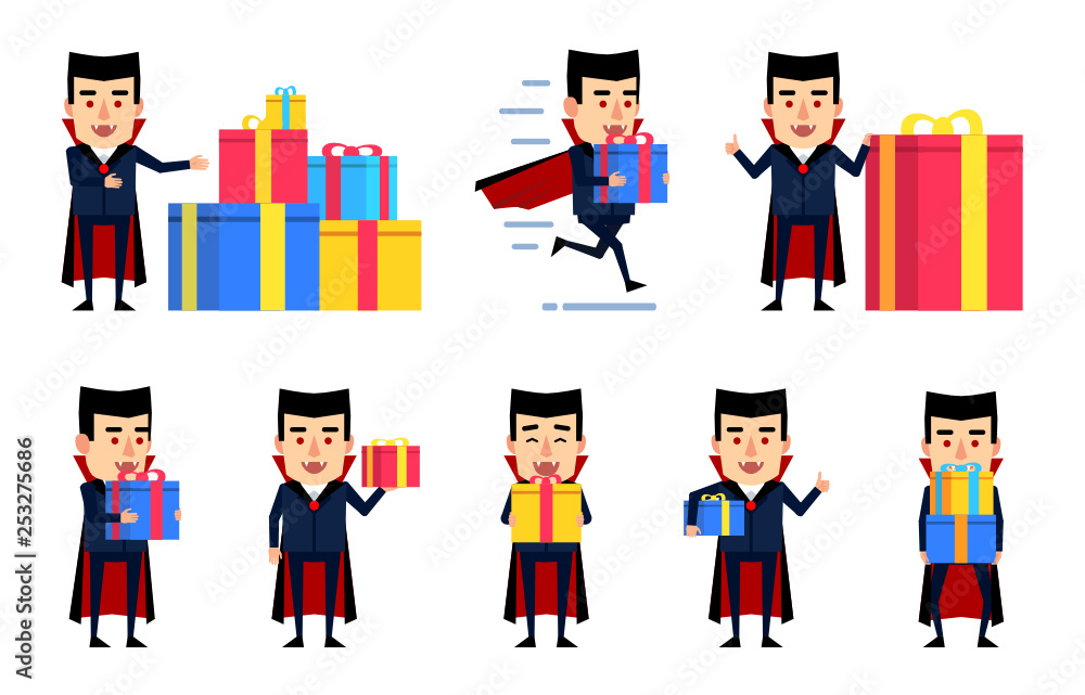 Set of halloween vampire characters posing with gift box in various situations. Funny vampire holding present, running, showing thumb up gesture and other actions. Flat style vector illustration Set of halloween vampire characters posing with gift box in various situations. Funny vampire holding present, running, showing thumb up gesture and other actions. Flat style vector illustration