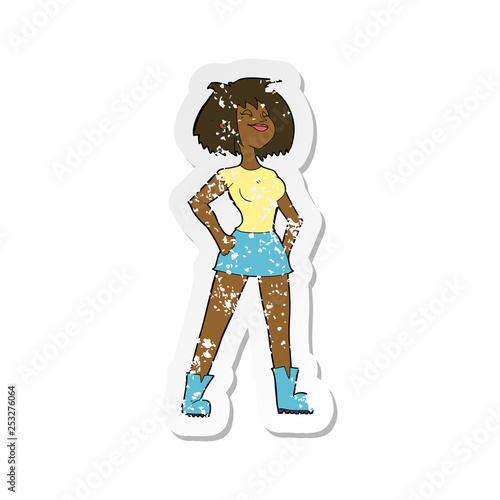 retro distressed sticker of a cartoon capable woman