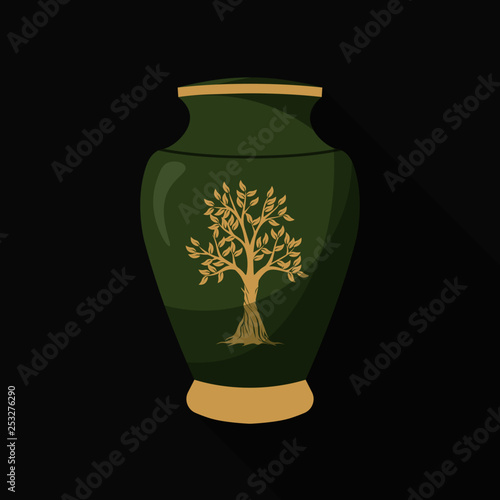 Flat design icons of urn for ashes. Cremation and funeral urn with dust. Vase with tree of life. Burial and dead man. Isolated. Vector illustration.