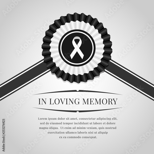Funeral banner white ribbon sign in black white Rosette Ribbon and in  loving memory text vector design