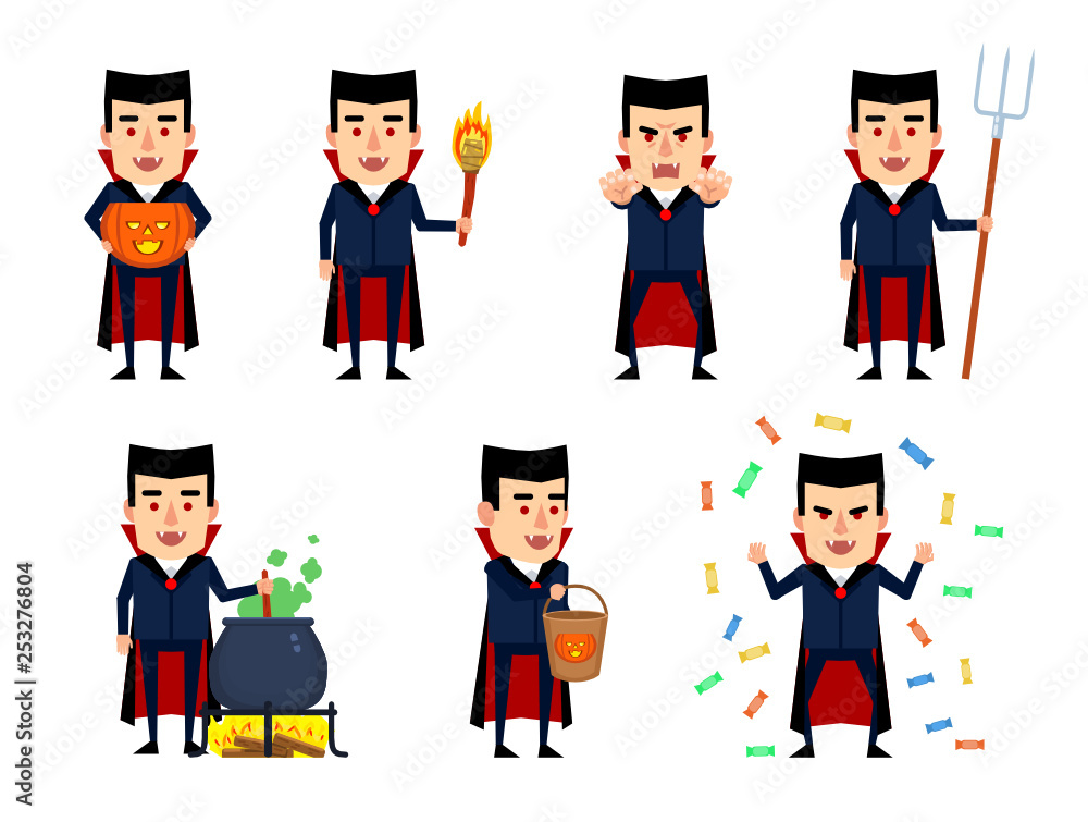 Set of Halloween vampire characters showing different actions. Funny vampire holding pumpkin, torch, pitchfork and showing other actions. Flat style vector illustration
