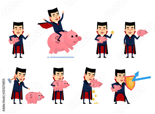 Set of funny vampire characters posing with piggy bank. Cheerful vampire holding piggy bank, saving money, riding big pig and showing other actions. Flat style vector illustration