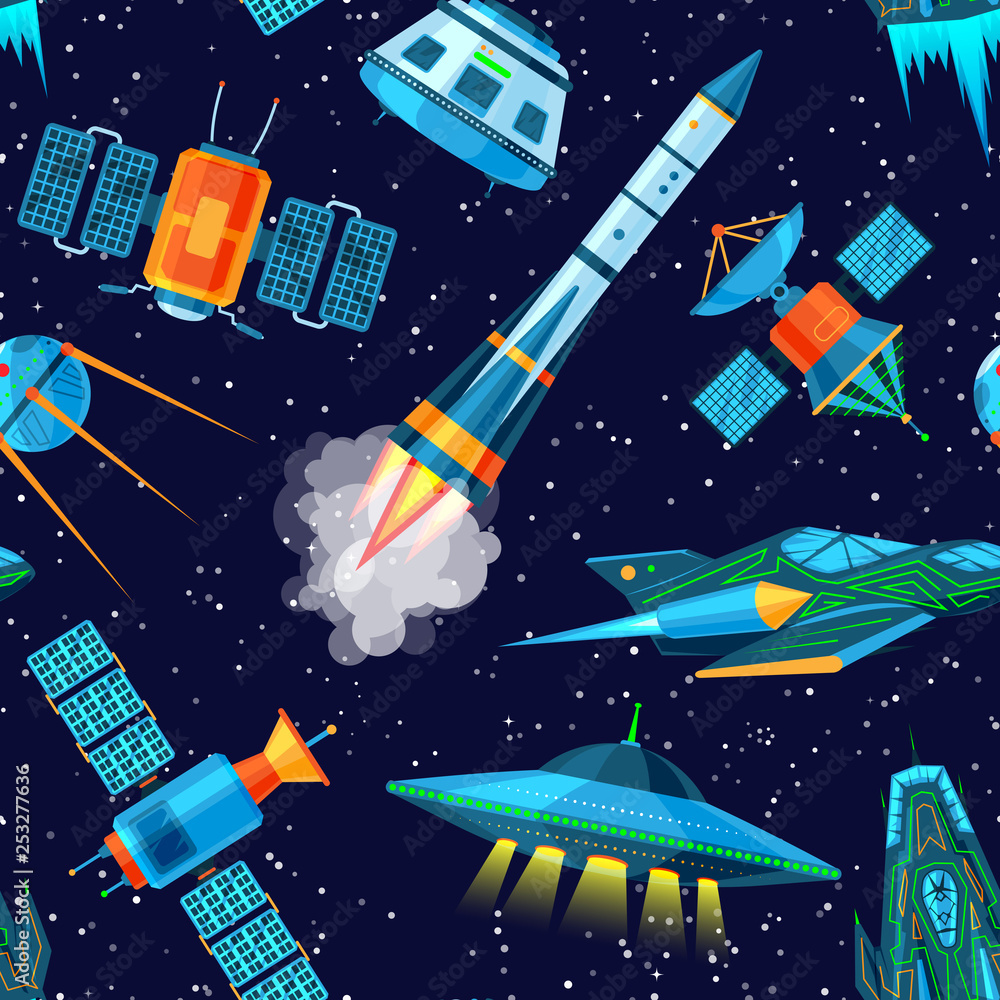 Rocket vector spaceship or spacecraft and satellite or lunar-rover illustration set of spaced ship in universe space isolated on background Rocket vector spaceship or spacecraft and satellite or lunar-rover illustration set of spaced ship in universe space isolated on background