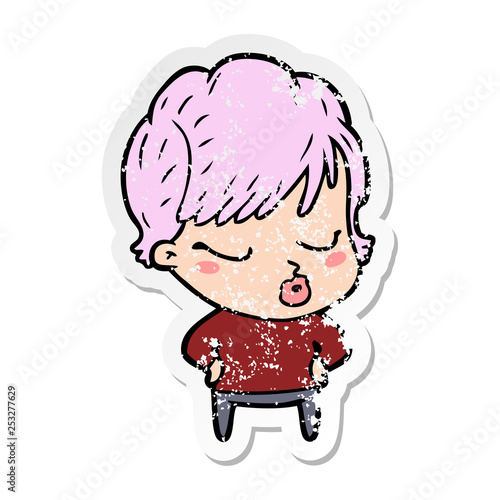 distressed sticker of a cartoon woman with eyes shut