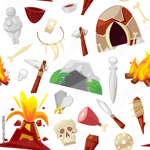 Stone age vector primeval neanderthal stoned weapon axe and prehistoric primitive spear of ancient caveman illustration of cave paintings and volcano or bonfire set isolated on background