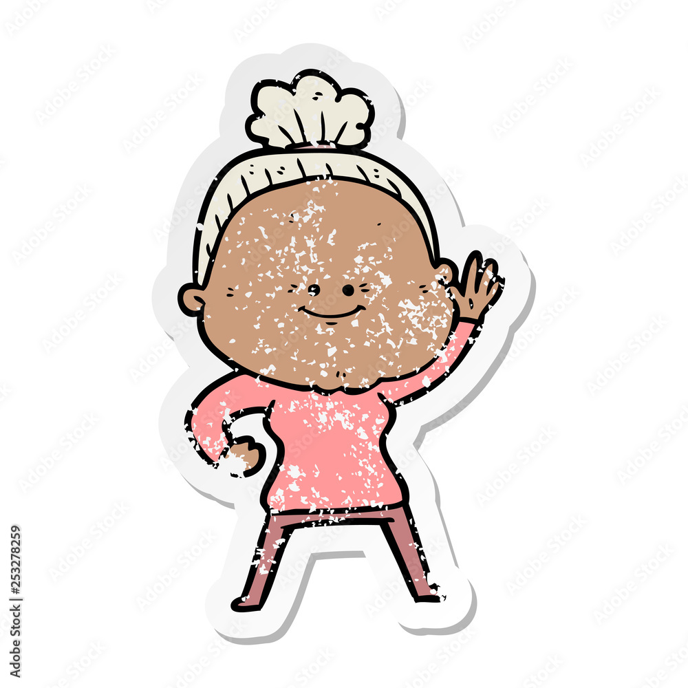 distressed sticker of a cartoon happy old woman distressed sticker of a cartoon happy old woman
