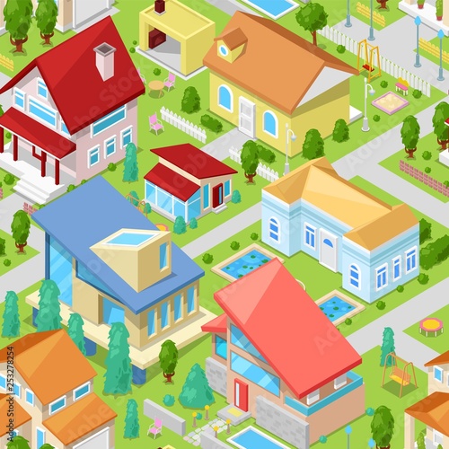 House vector isometric housing architecture or residential home illustration set of housekeeping building exterior or cottage construction isolated on background