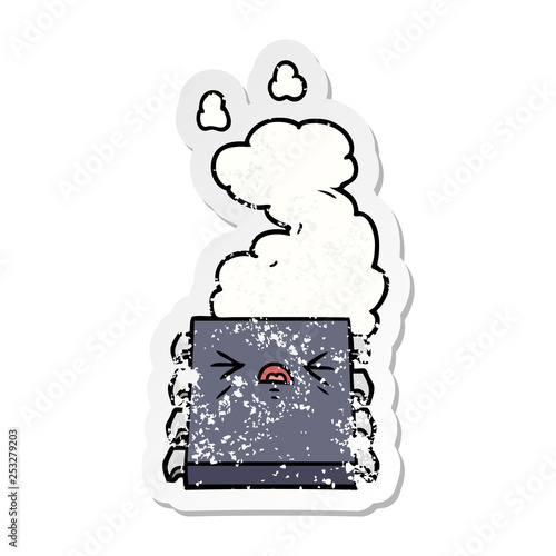 distressed sticker of a cartoon overheating computer chip