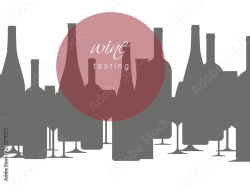 Wine bottles and wineglasses. Design element in modern style for tasting, menu, wine list, restaurant, winery, shop.