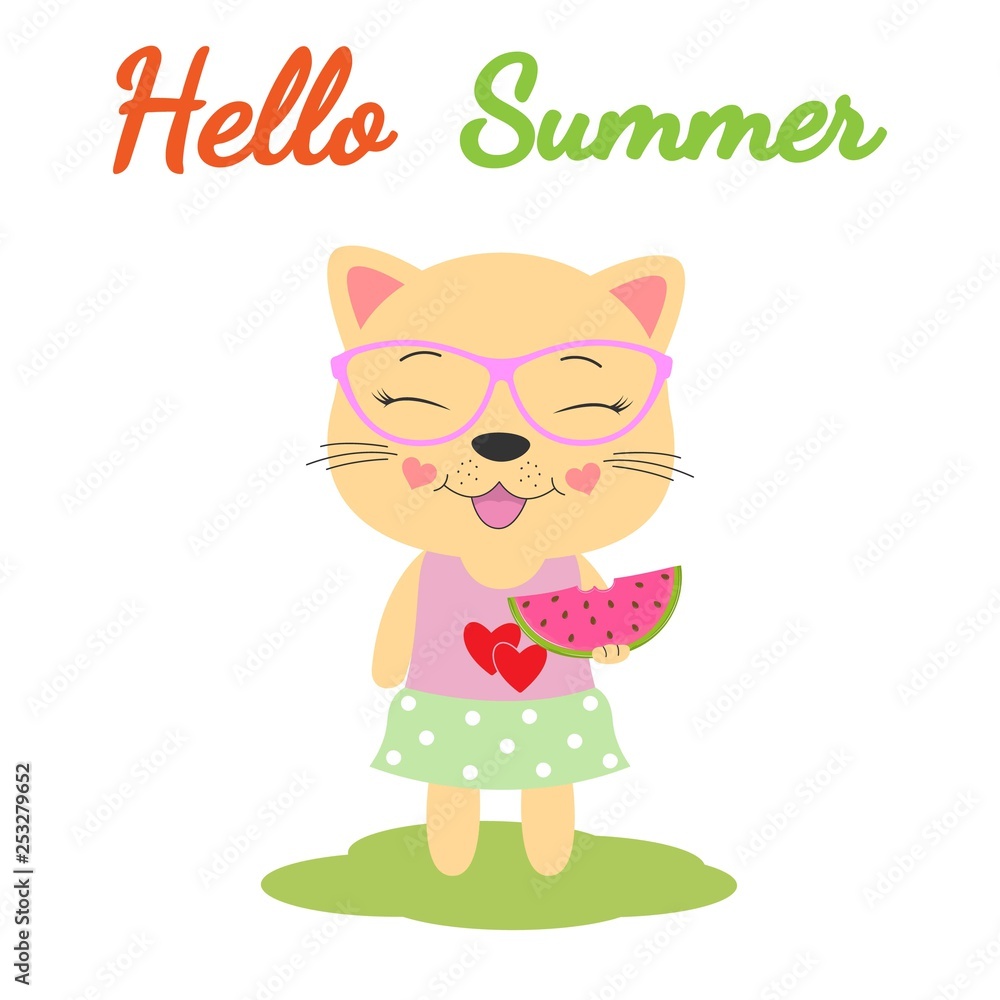Naklejka premium Hello summer. Beautiful cat in glasses eats watermelon isolated with white background.