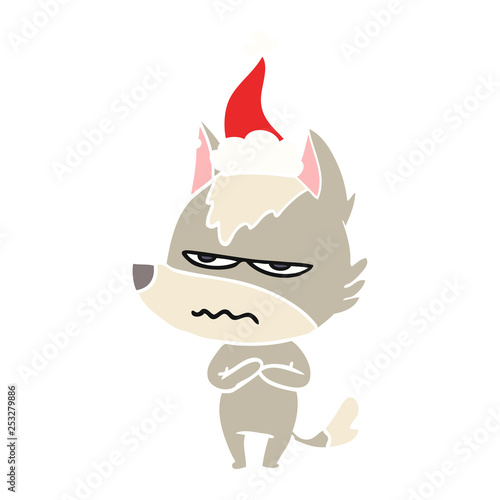 flat color illustration of a annoyed wolf wearing santa hat