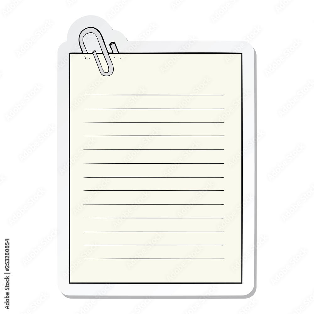 sticker of a cartoon lined paper with paperclip sticker of a cartoon lined paper with paperclip