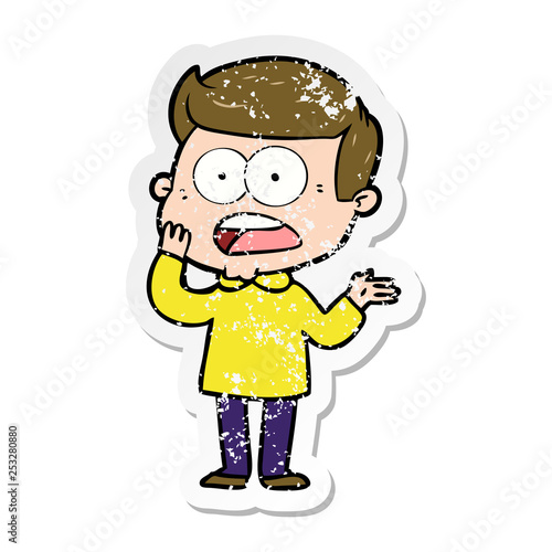 distressed sticker of a cartoon shocked man