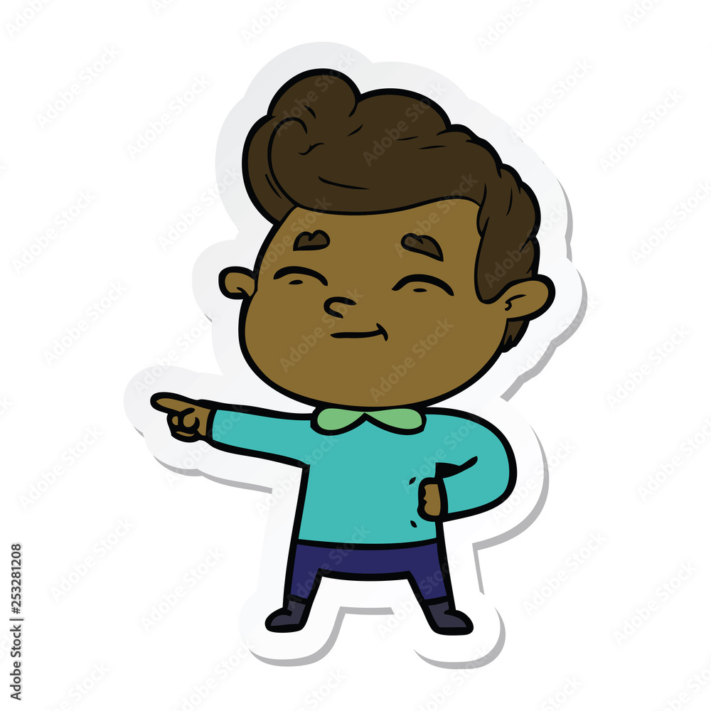sticker of a happy cartoon man pointing sticker of a happy cartoon man pointing