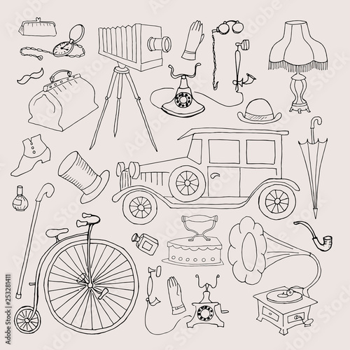 Set of retro things and accessories, lines, hand drawn sketch. Vector illustration, vintage design elements.