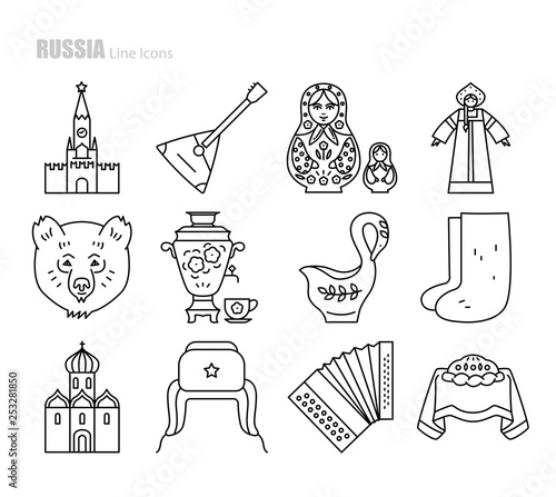 Russia vector line icon set. Russian symbols: Kremlin, balalaika, nesting doll, girl in sarafan and kokoshnik, bear,  samovar, Khokhloma ladle, felt boots, church,  harmonic, loaf, hat with ear flaps