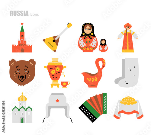 Russia vector flat icon set. Russian symbols: Kremlin, balalaika, nesting doll, girl in sarafan and kokoshnik, bear,  samovar, Khokhloma ladle, felt boots, church,  harmonic, loaf, hat with ear flaps