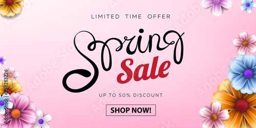 Spring Sale advertising text banner design with realistic flowers and handwrited lettering on bright floral background for season ads