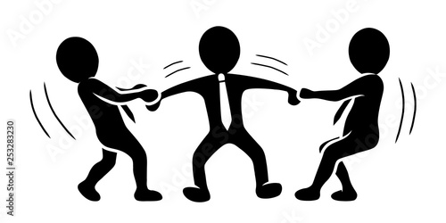 Schwarz-weiße Figuren: Jemanden auf seine Seite ziehen / Mitarbeiter abwerben / Hin und her gerissen sein / Flat Design, Vektor, Icon
