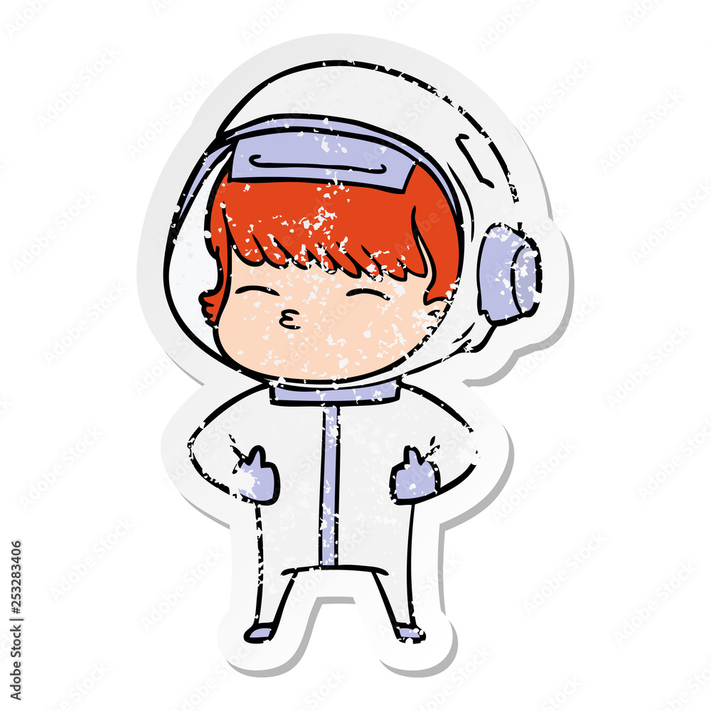 distressed sticker of a cartoon curious astronaut