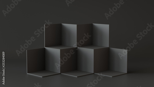 Black cube boxes with dark wall background. 3D rendering.