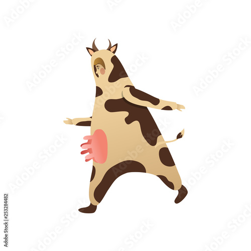 Funny man in costume of cow in running action, side view. Outfit for carnival. Cartoon character. Flat vector design