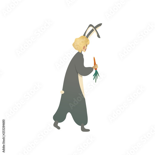 Young blonde woman in costume of bunny walking with carrot in hand. Clothing for Halloween party. Flat vector design