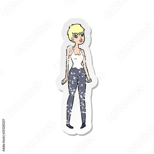 retro distressed sticker of a cartoon pretty woman