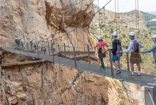 Bridge in gorge of the Gaitanes in el Caminito del Rey (The King's Little Path). A walkway, pinned along the steep walls of a narrow gorge in El Chorro, near Ardales in the province of Malaga, Spain photo
