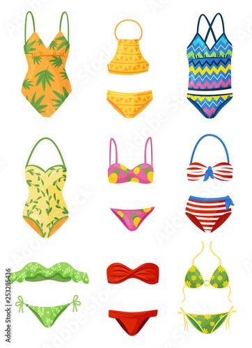 Flat vector set of female swimsuits. Trendy women garment for swimming. Stylish beachwear. Fashion theme