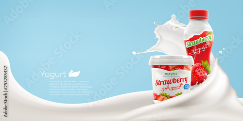 Whole milk yogurt bottle and jar vector design with strawberry berries, commercial vector meal advertising branding ready mock-up realistic illustration