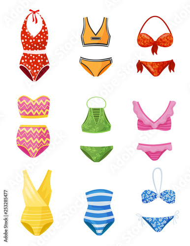 Flat vector set of women swimsuits. Female garment for beach season. Trendy bathing suits. Clothing for swimming