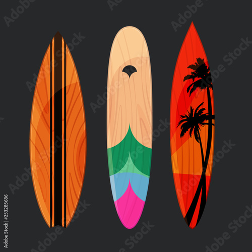 Set of different surfboards on grey background. Surfboard for wave riders in a trendy flat style. Exotic print. Isolated vector illustration.