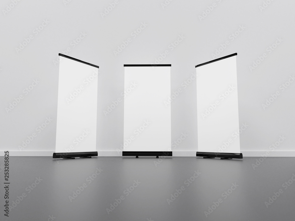 Outdoor Advertising Stand Banner (empty roll-up poster) - mockup template. 3D rendering Outdoor Advertising Stand Banner (empty roll-up poster) - mockup template. 3D rendering