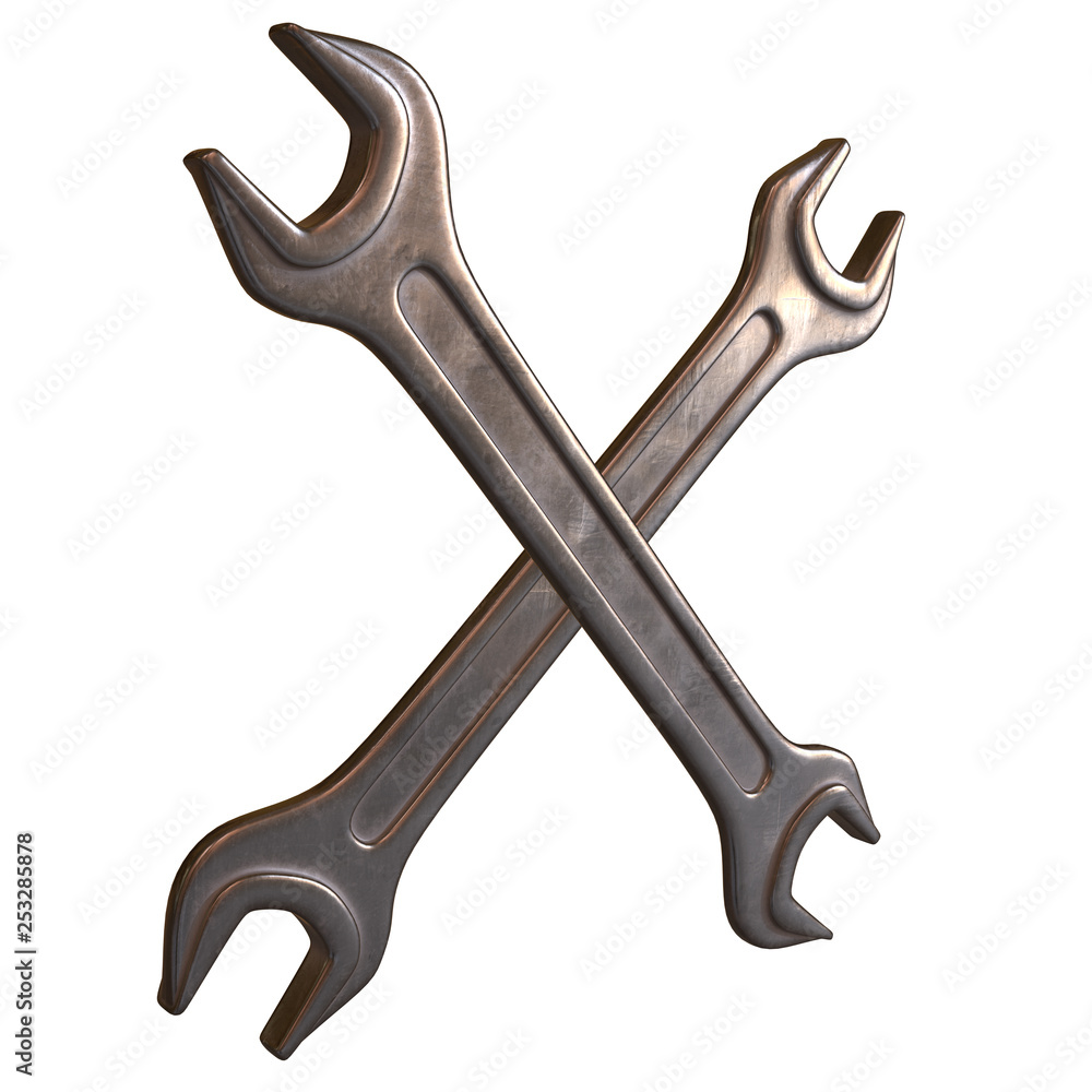 Wrench. Spanner repair tool. Mechanic or engineer instruments. Support service 3d render illustration isolated on white background. Wrench. Spanner repair tool. Mechanic or engineer instruments. Support service 3d render illustration isolated on white background.