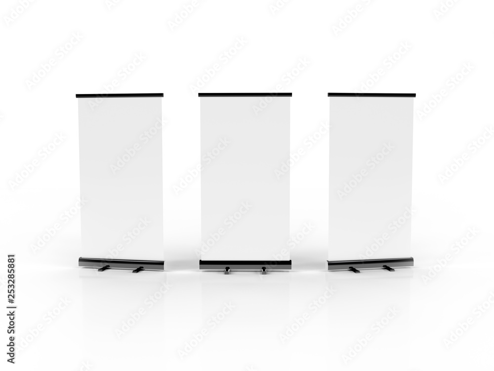 Outdoor Advertising Stand Banner (empty roll-up poster) - mockup template. 3D rendering Outdoor Advertising Stand Banner (empty roll-up poster) - mockup template. 3D rendering
