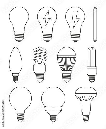 11 line art black and white light bulb set