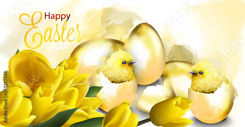 Happy Easter card with golden eggs and cute chicken Vector. Watercolor illustrations
